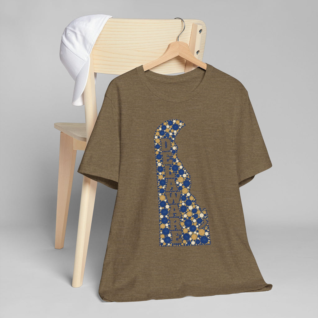 Heather brown Delaware silhouette graphic T-shirt with blue and gold pattern