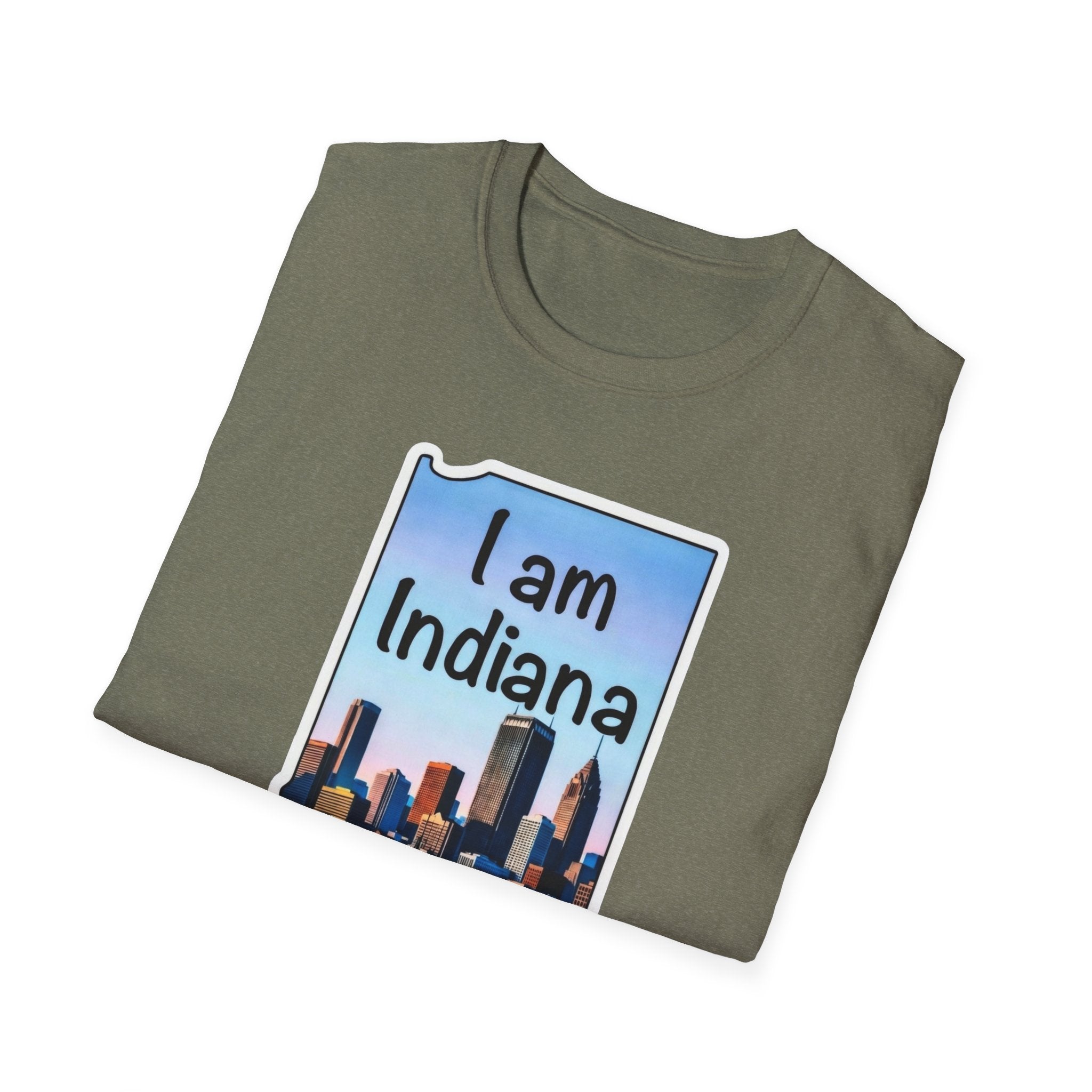Olive green T-shirt with framed “I am Indiana” skyline graphic