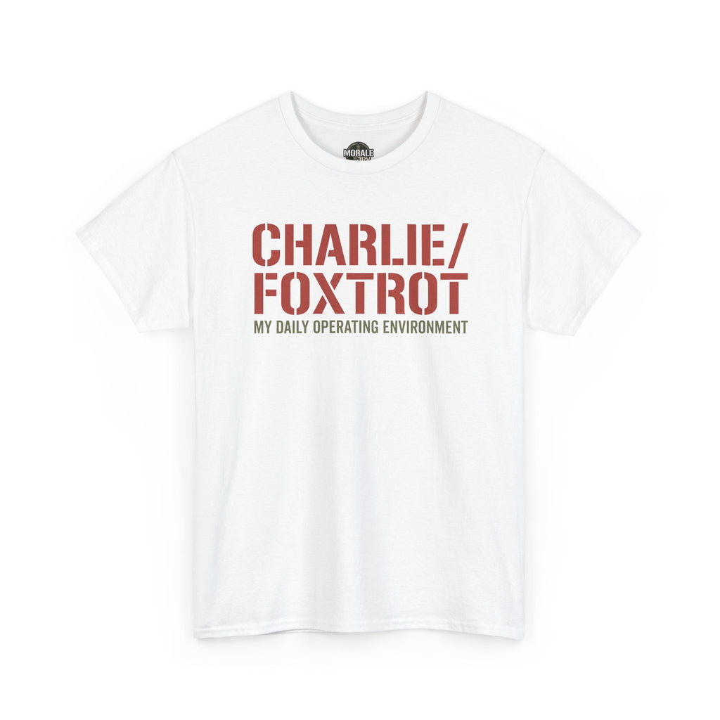 White T-shirt with “CHARLIE/FOXTROT” slogan and “MY DAILY OPERATING ENVIRONMENT” print