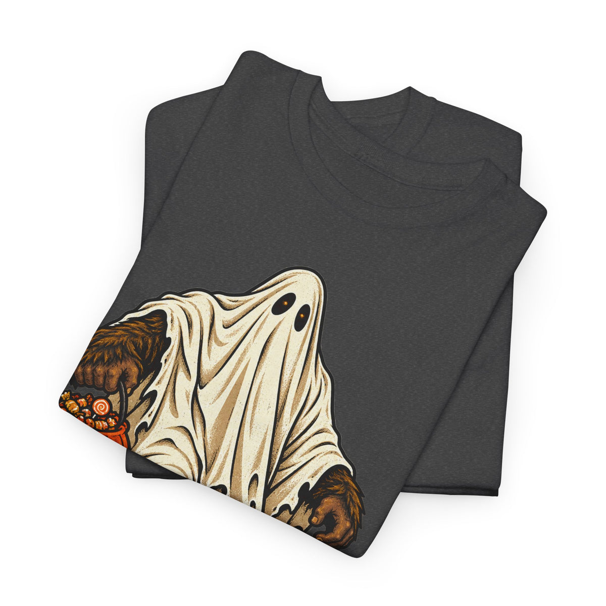 Charcoal Halloween T-shirt with retro pumpkin sasquatch graphic, crew neck short sleeves