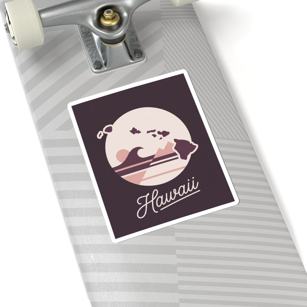 Mauve Hawaii silhouette vinyl decal sticker, square with white border and “Hawaii” word