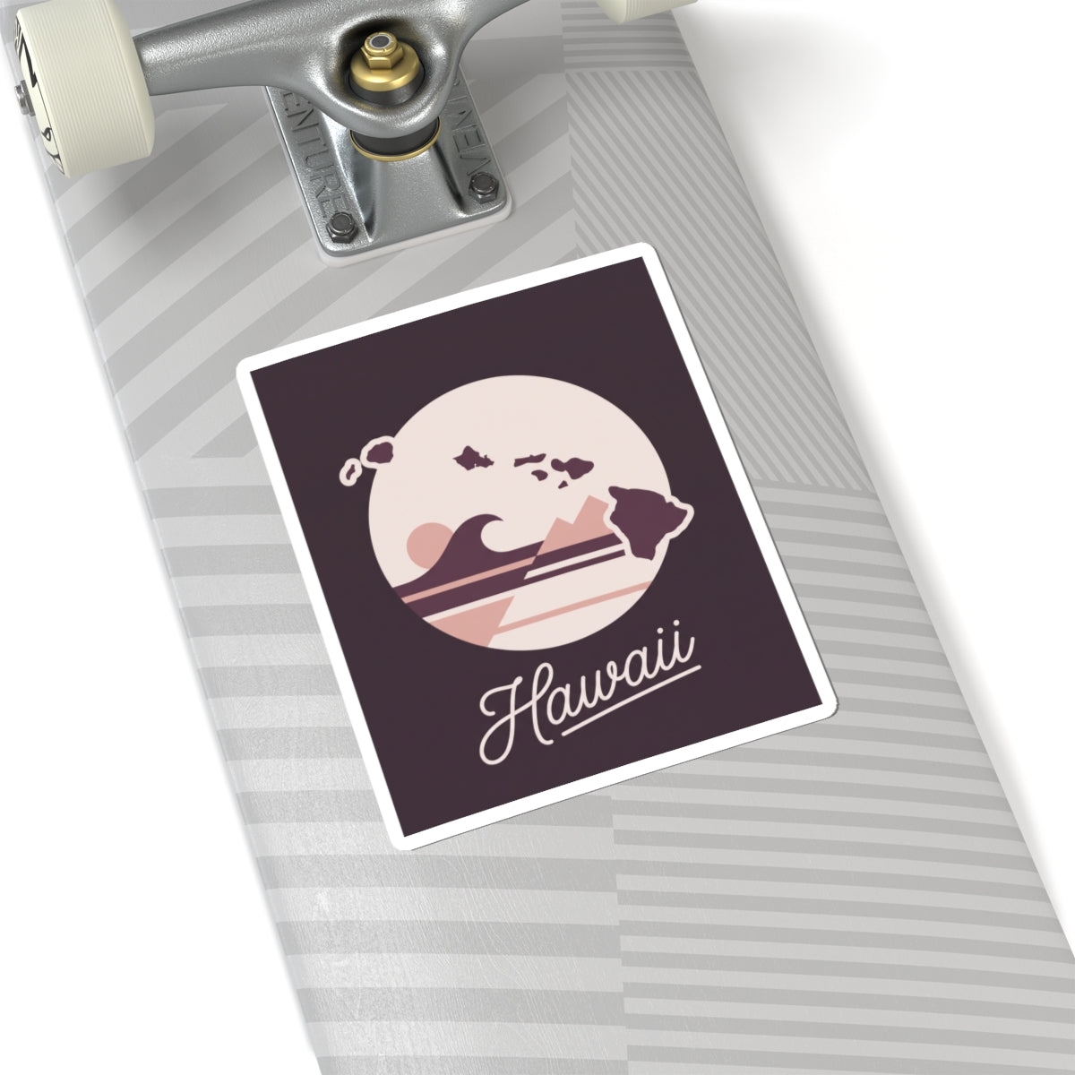 Mauve Hawaii silhouette vinyl decal sticker, square with white border and “Hawaii” word