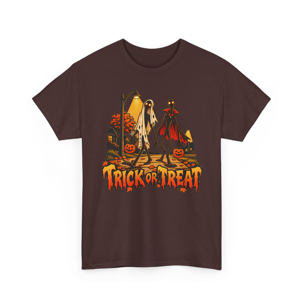 Brown Halloween T-shirt with ghost, vampire and 'Trick or Treat' front graphic