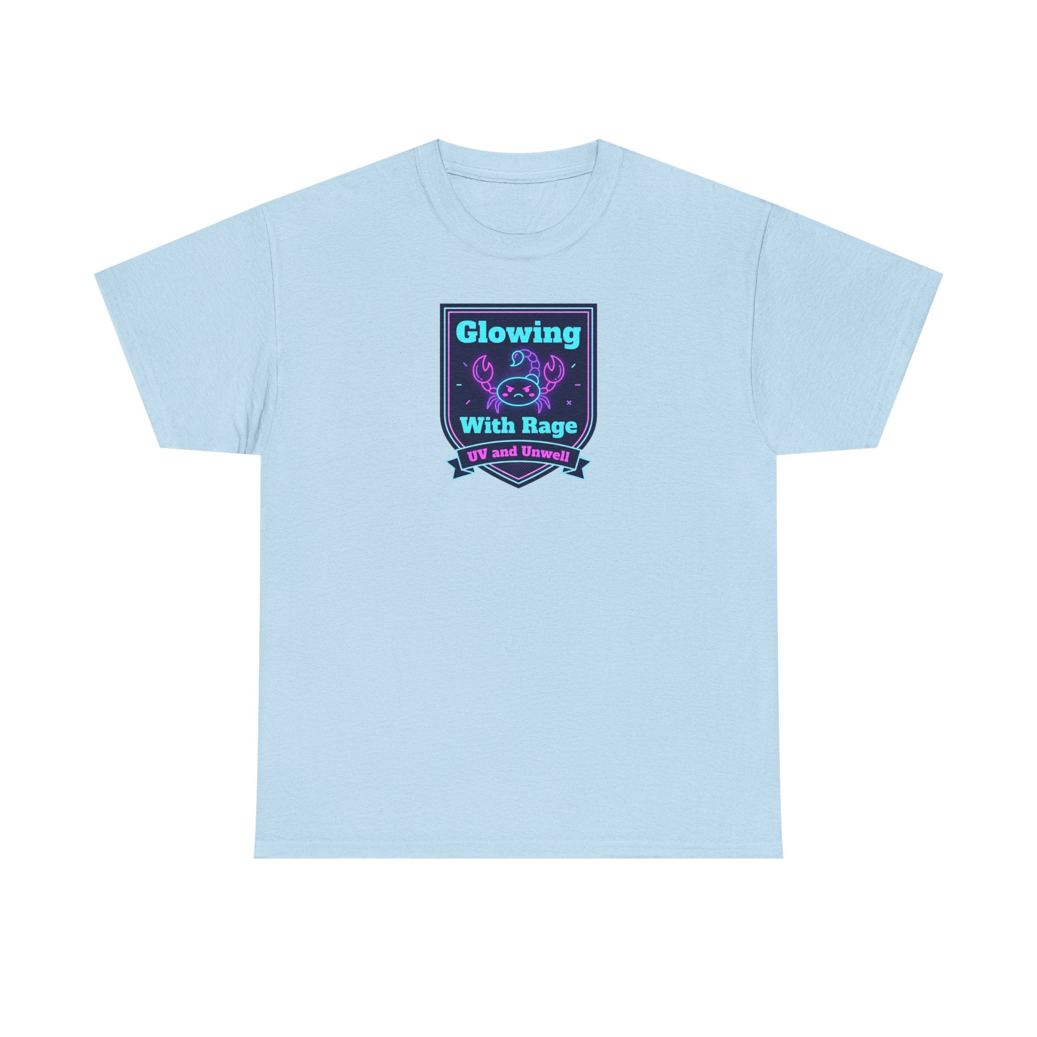 Light blue crewneck tee with glowing neon shield graphic on chest