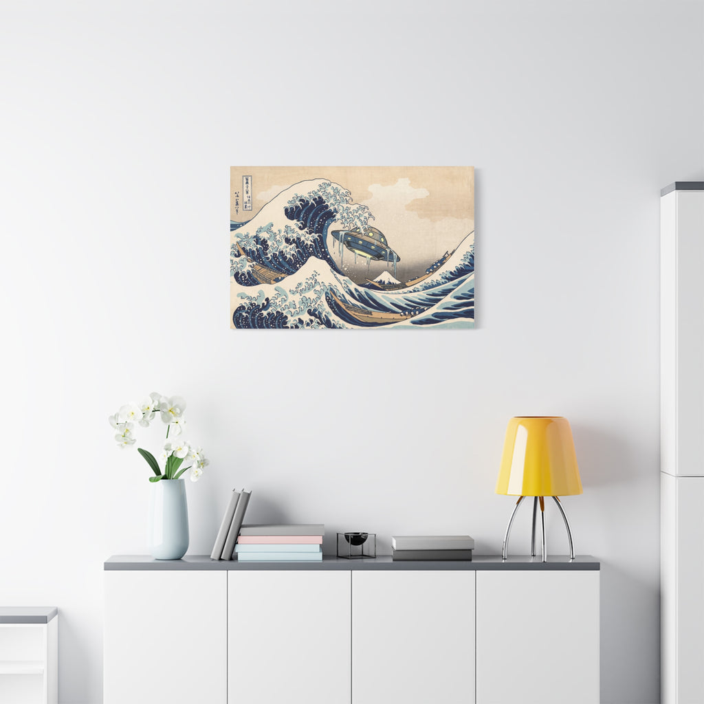 Stretched canvas print with blue waves and a UFO illustration in vintage colors