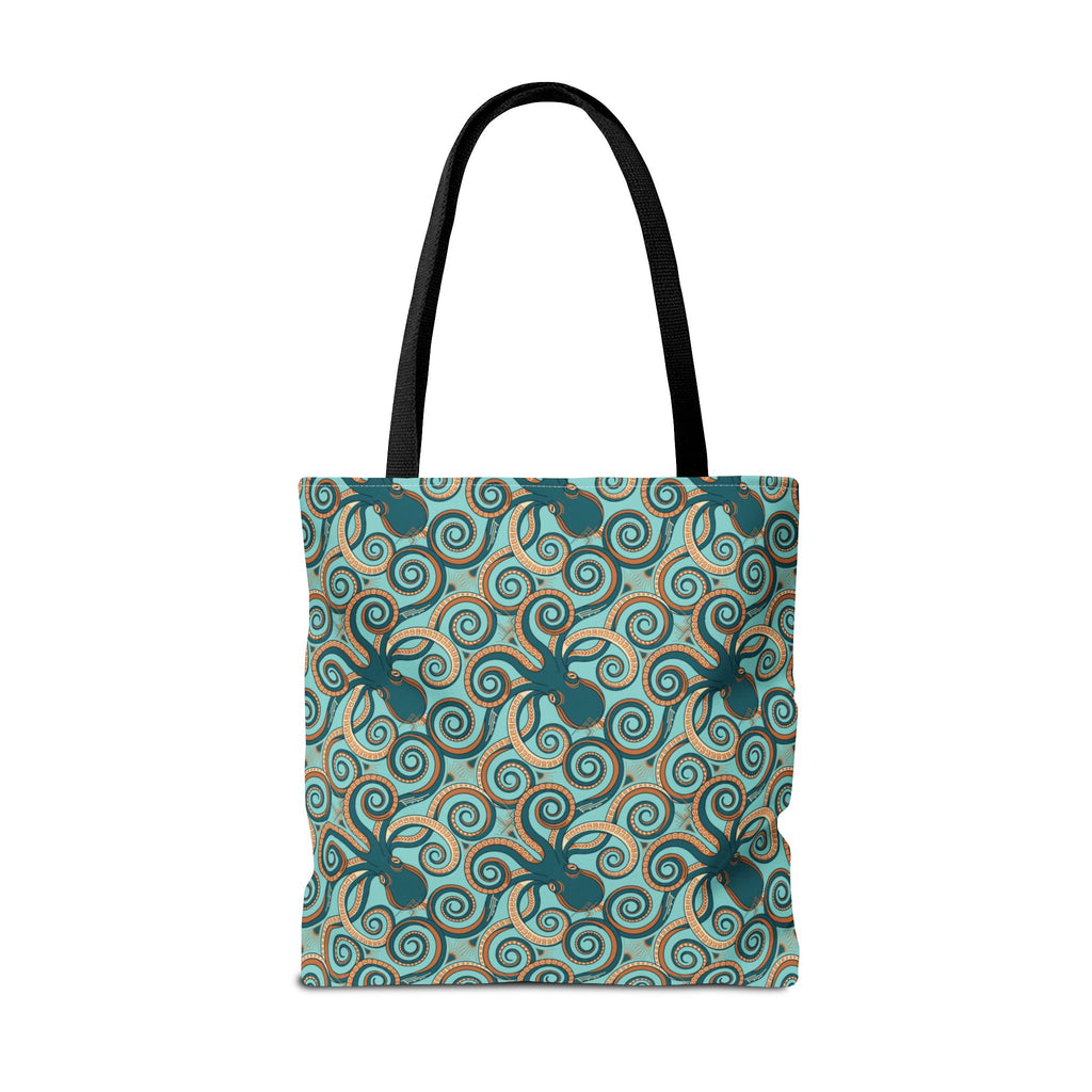 Teal octopus swirl tote bag with black handles