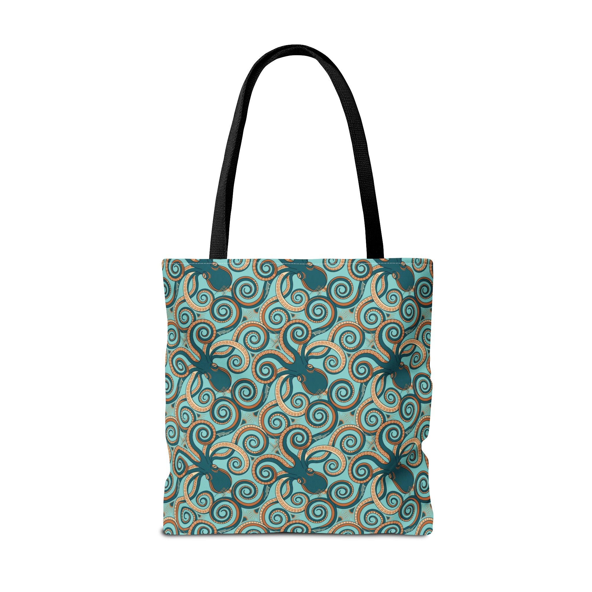 Teal octopus swirl tote bag with black handles