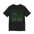 Black crewneck T-shirt with neon green Cape Town skyline graphic