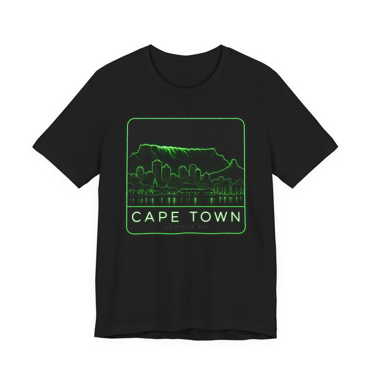 Black crewneck T-shirt with neon green Cape Town skyline graphic