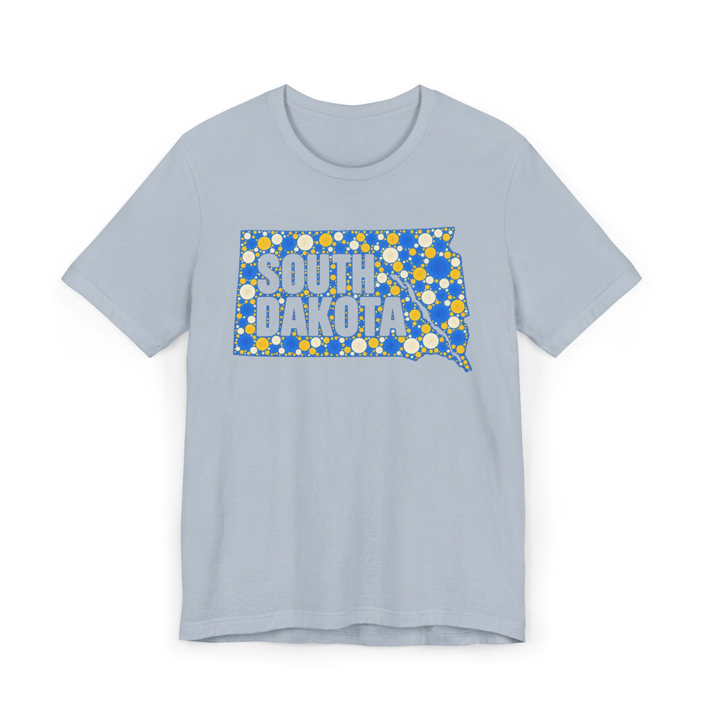 Light blue t-shirt with polka dot South Dakota map graphic in blue and yellow