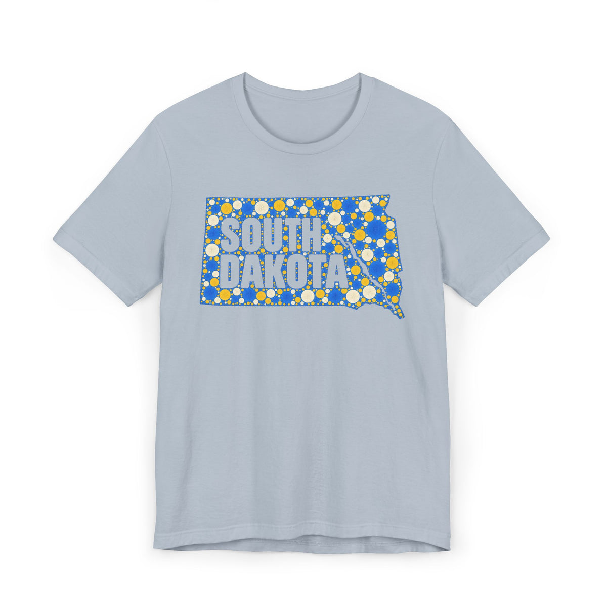 Light blue t-shirt with polka dot South Dakota map graphic in blue and yellow