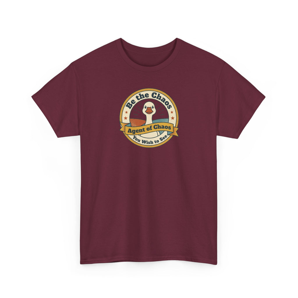 Maroon crewneck T-shirt with short sleeves and circular duck emblem graphic