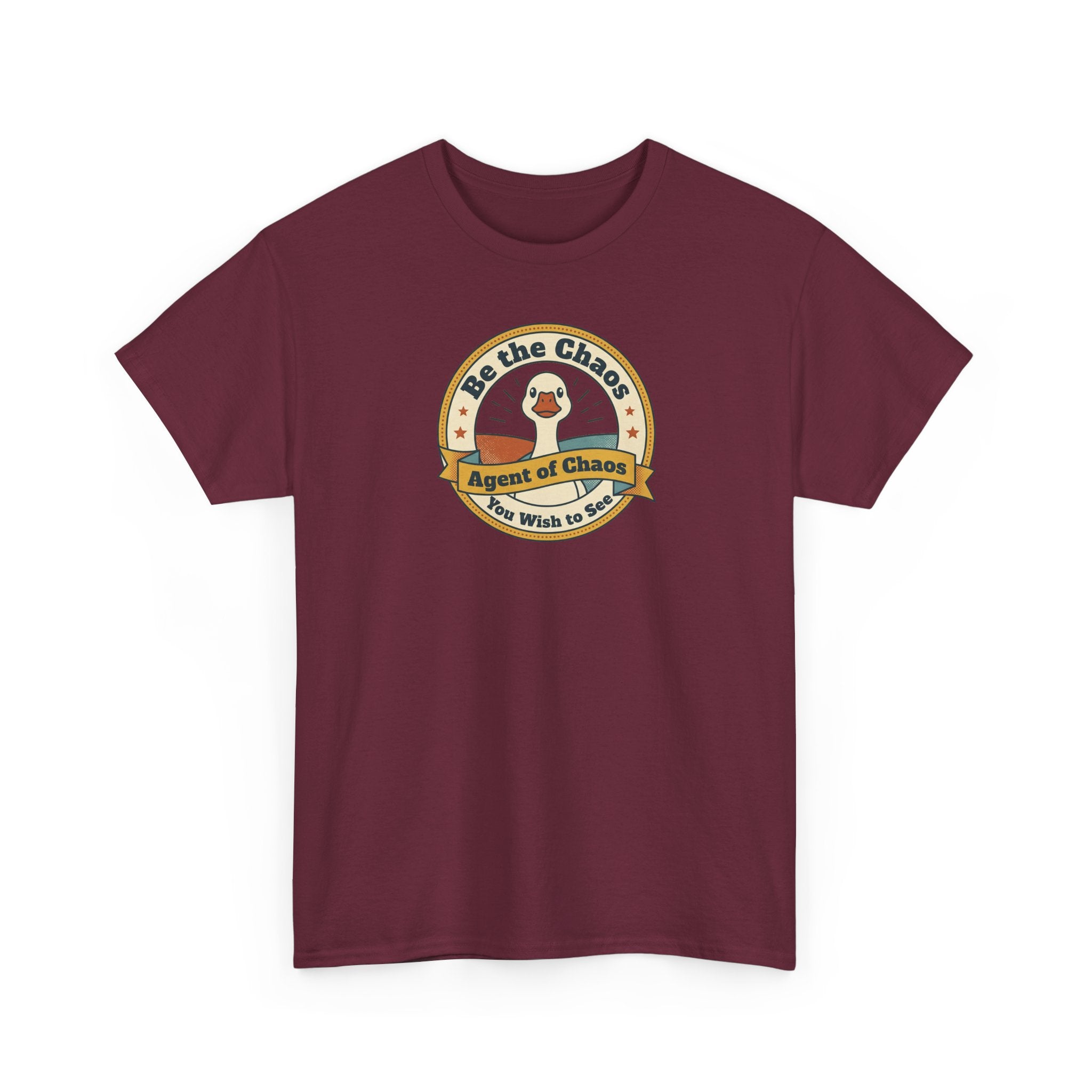 Maroon crewneck T-shirt with short sleeves and circular duck emblem graphic