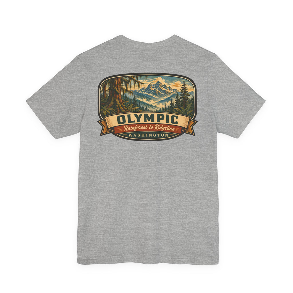 Heather gray graphic t-shirt with Olympic mountain-and-forest ribbon emblem