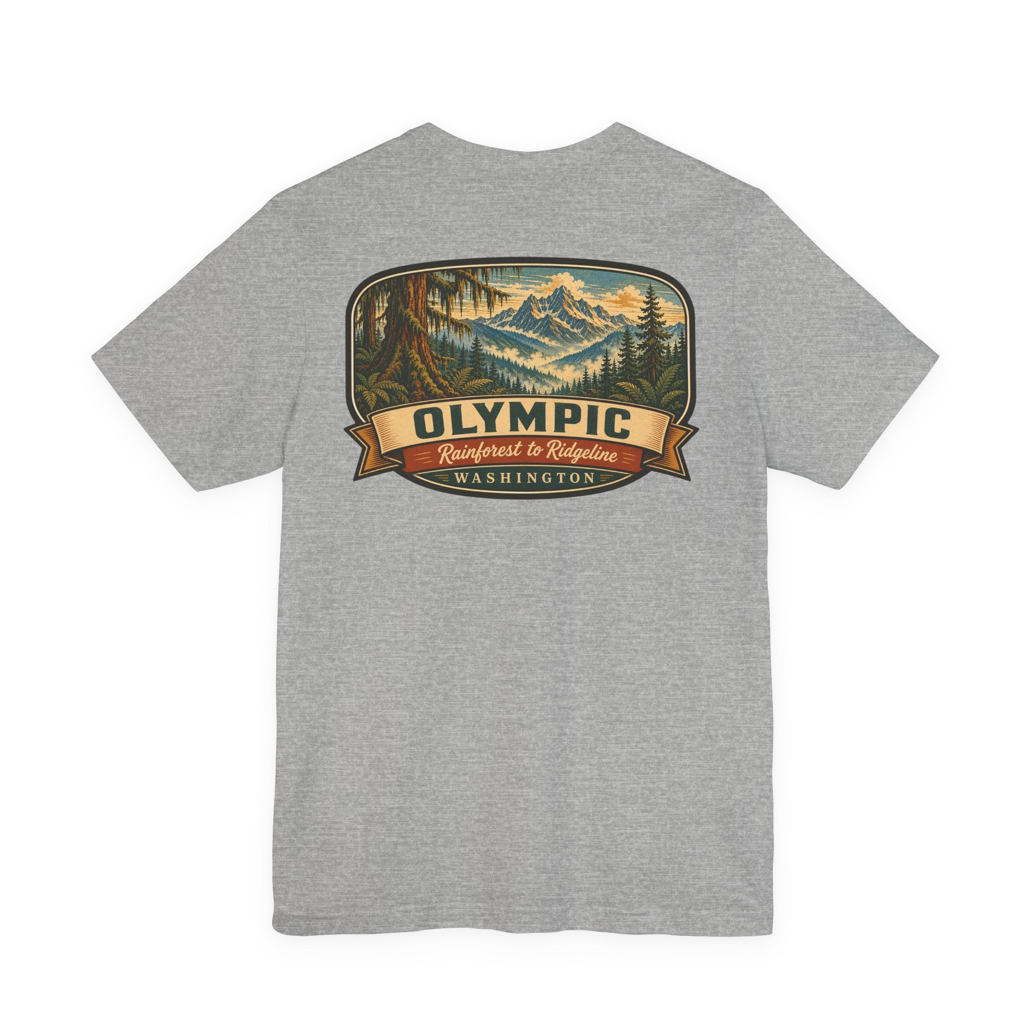 Heather gray graphic t-shirt with Olympic mountain-and-forest ribbon emblem
