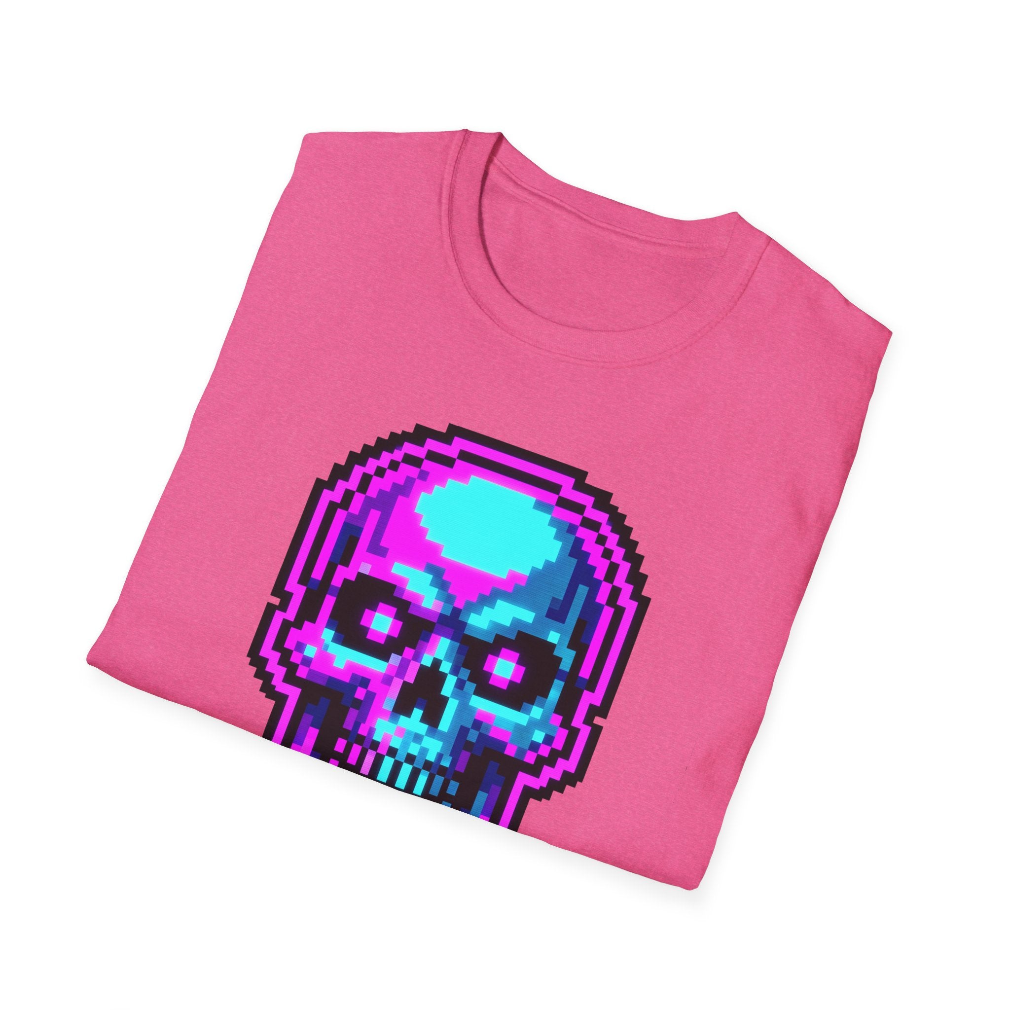 Pink T-shirt with neon pixel-skull face graphic in purple and cyan