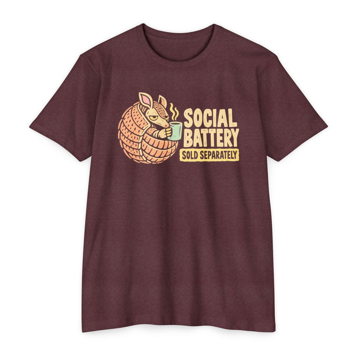 Burgundy T-shirt with armadillo graphic and “SOCIAL BATTERY” text