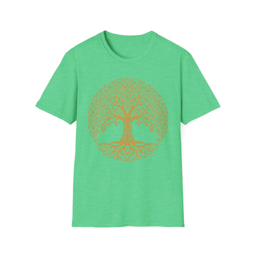 Gold Tree of Life T-shirt, Celtic mandala tree graphic on bright green tee