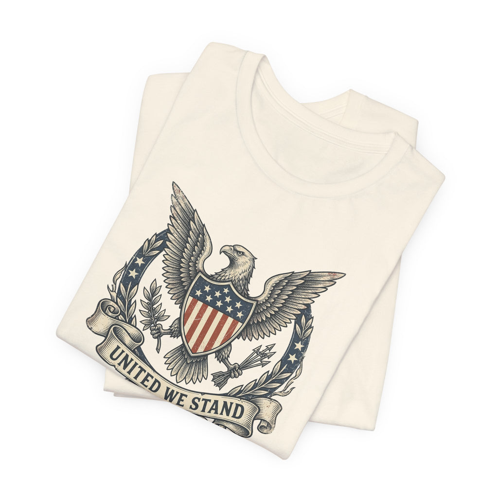 Light beige T-shirt with eagle shield crest and laurel graphic on the chest
