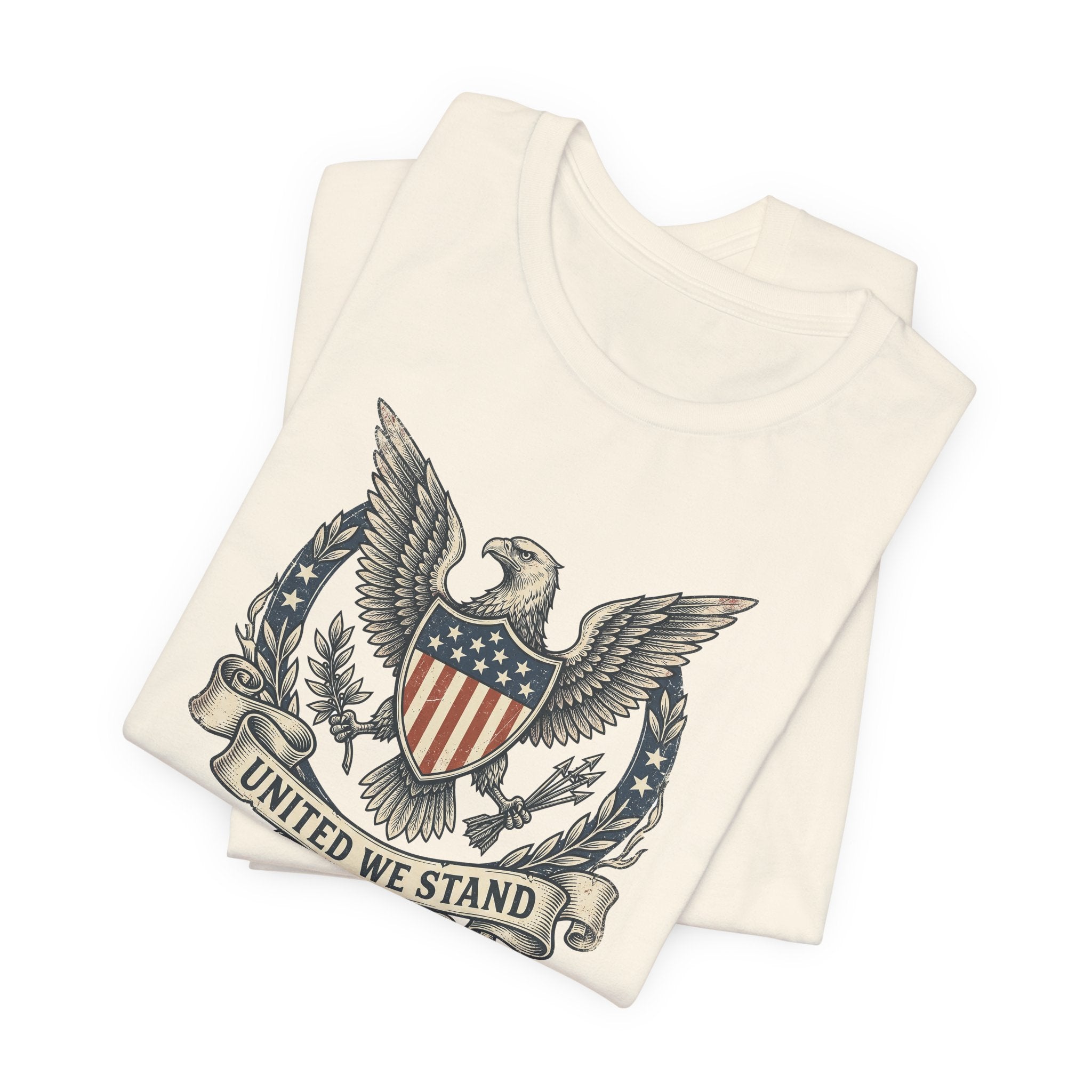 Light beige T-shirt with eagle shield crest and laurel graphic on the chest