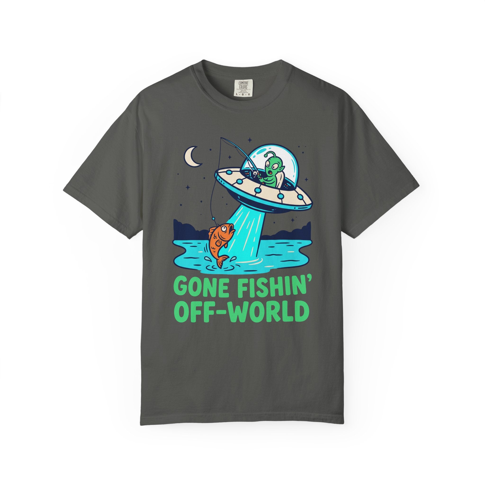 Dark gray alien fishing T-shirt with UFO and "Gone Fishin' Off-World" text