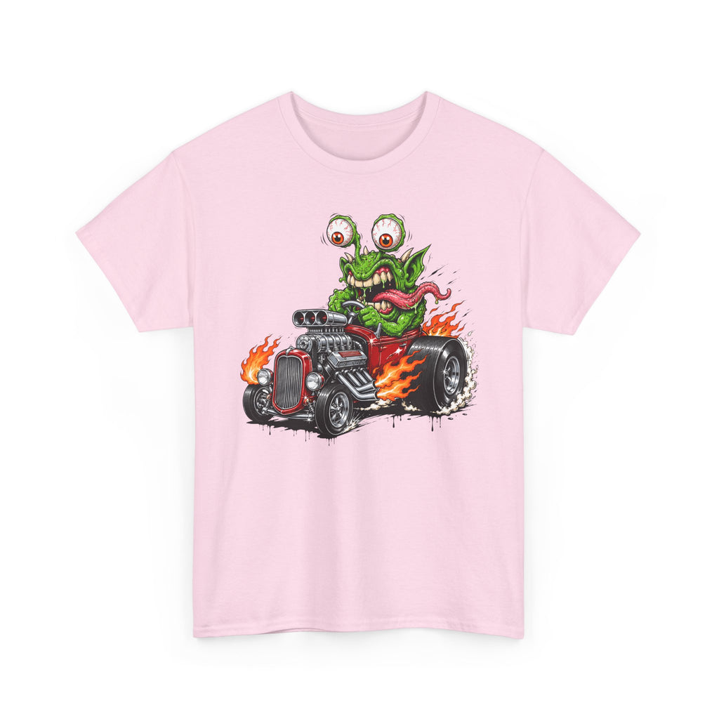 Light pink monster hot rod graphic unisex T-shirt, green creature with flames