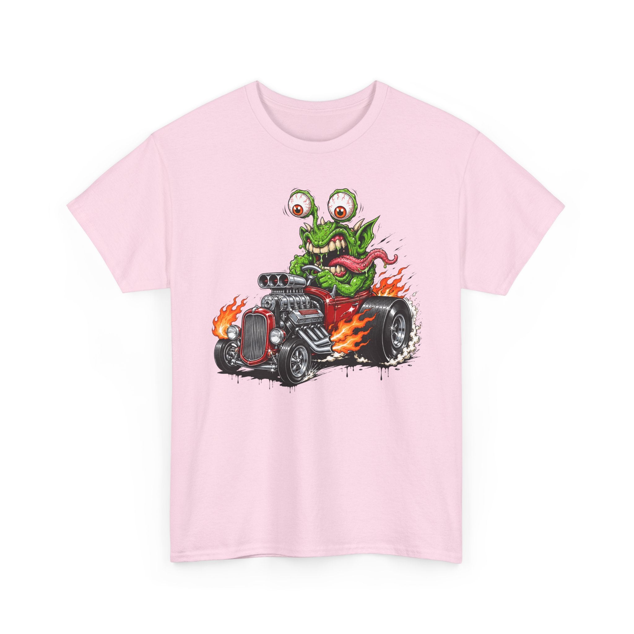 Light pink monster hot rod graphic unisex T-shirt, green creature with flames