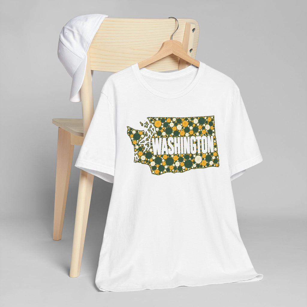 White crewneck T-shirt with Washington floral dot outline graphic in green and gold