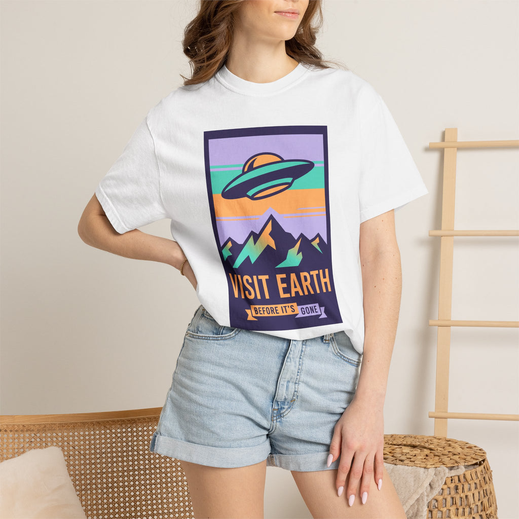 White T-shirt with 'Visit Earth' UFO poster graphic on the front panel