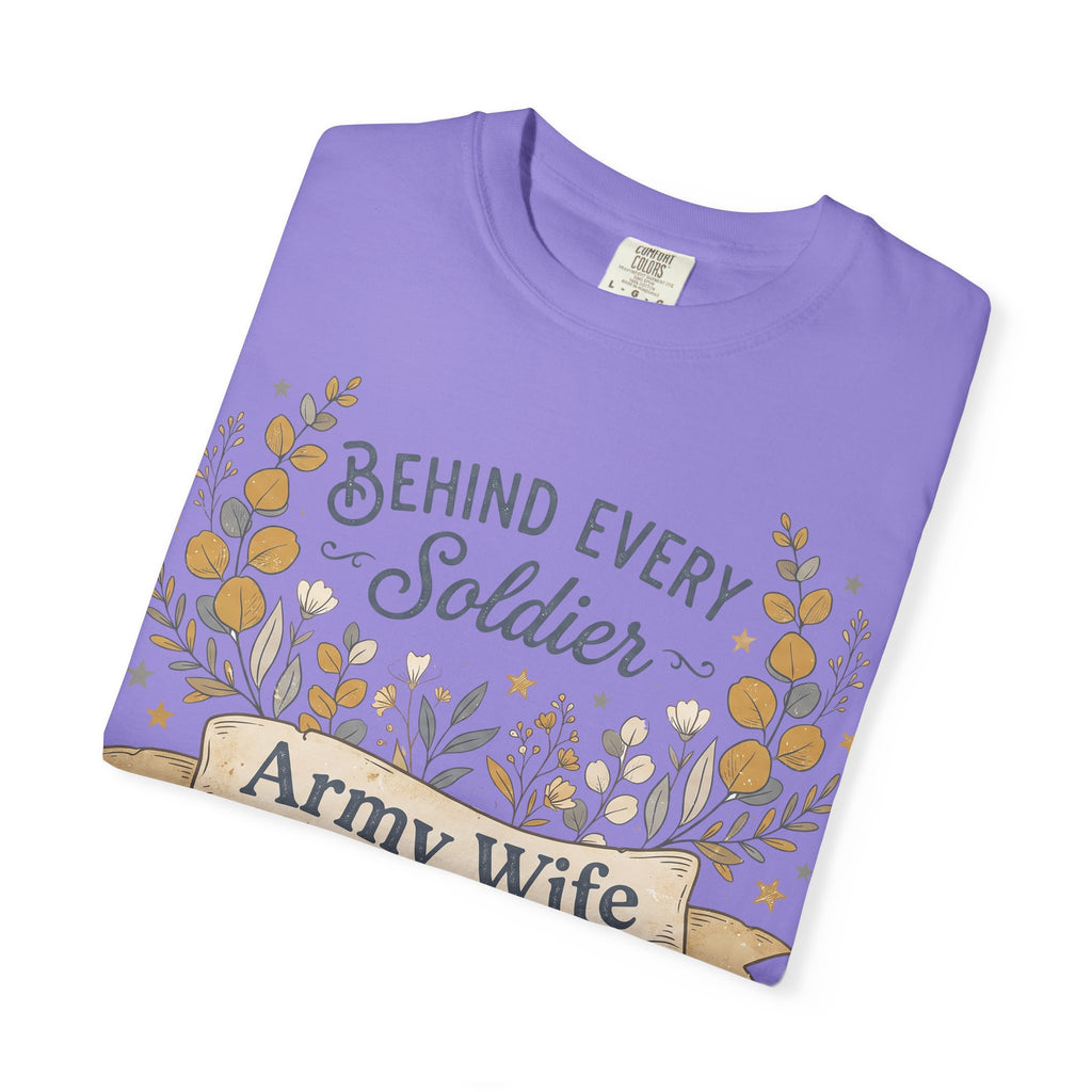 Purple crewneck T-shirt with floral 'Behind Every Soldier' graphic