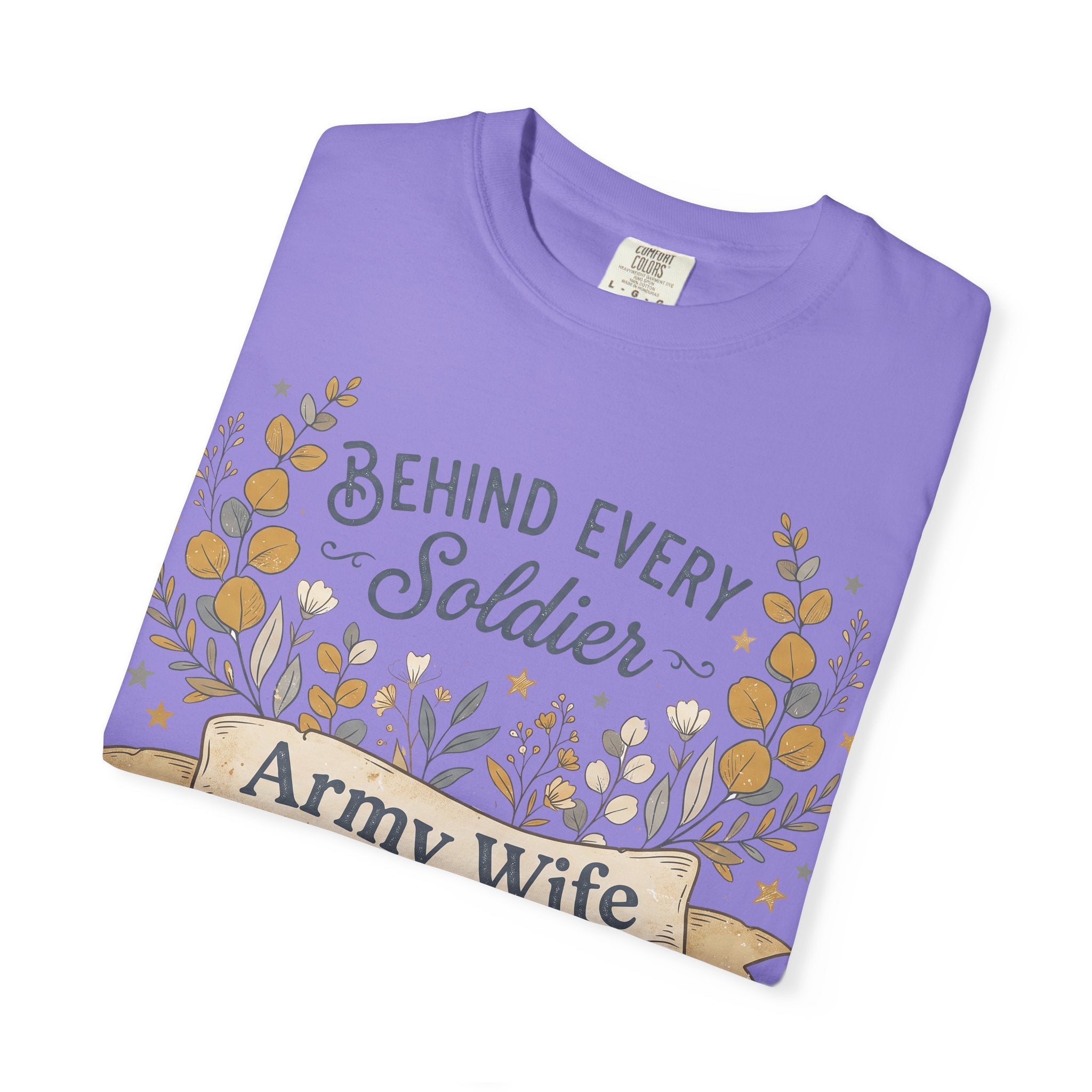 Purple crewneck T-shirt with floral 'Behind Every Soldier' graphic