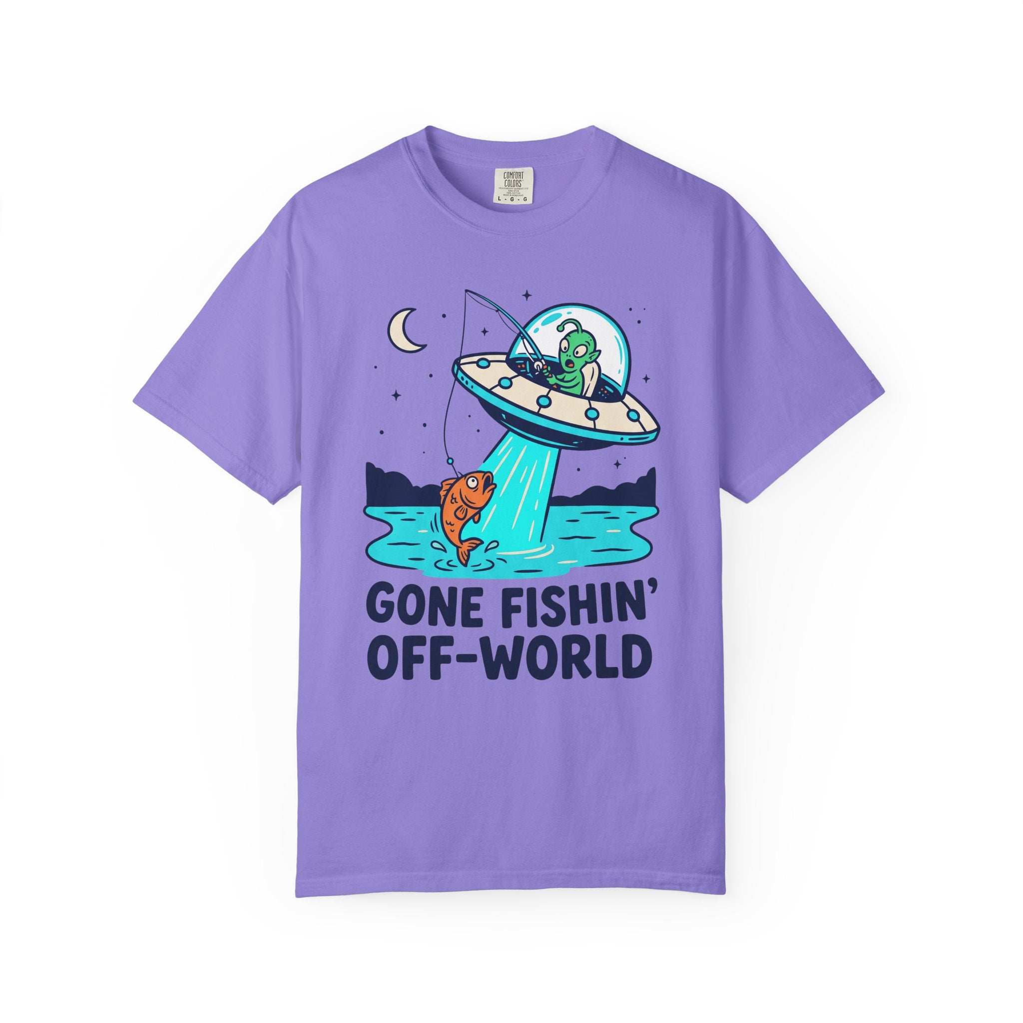 Purple T-shirt with alien fishing UFO graphic and “GONE FISHIN’ OFF-WORLD”