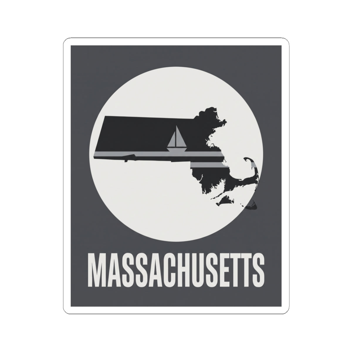 Massachusetts nautical sailboat silhouette sticker, retro circle, bold text