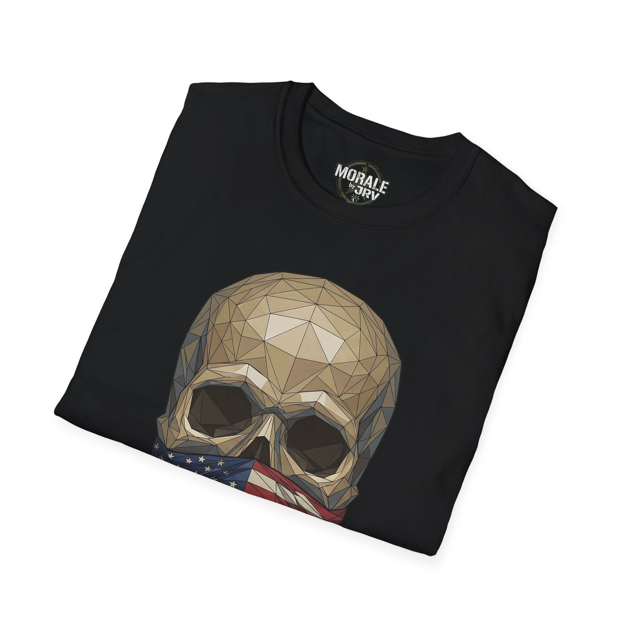 Geometric skull with American flag bandana graphic on black T-shirt