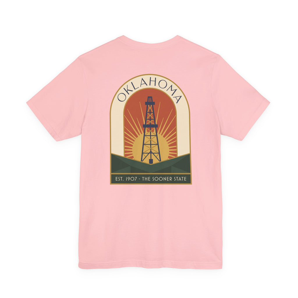 Oklahoma oil derrick art deco T-shirt in light pink with front square oil derrick graphic