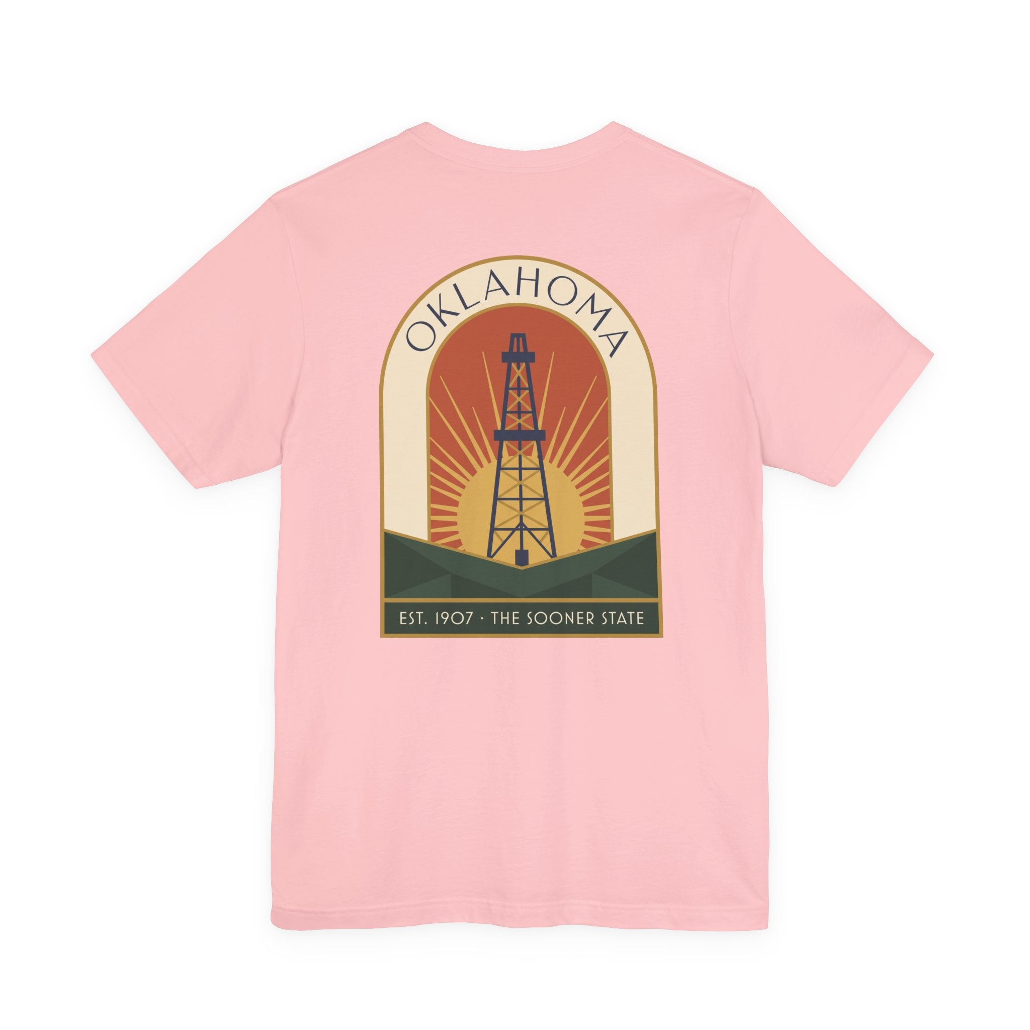 Oklahoma oil derrick art deco T-shirt in light pink with front square oil derrick graphic