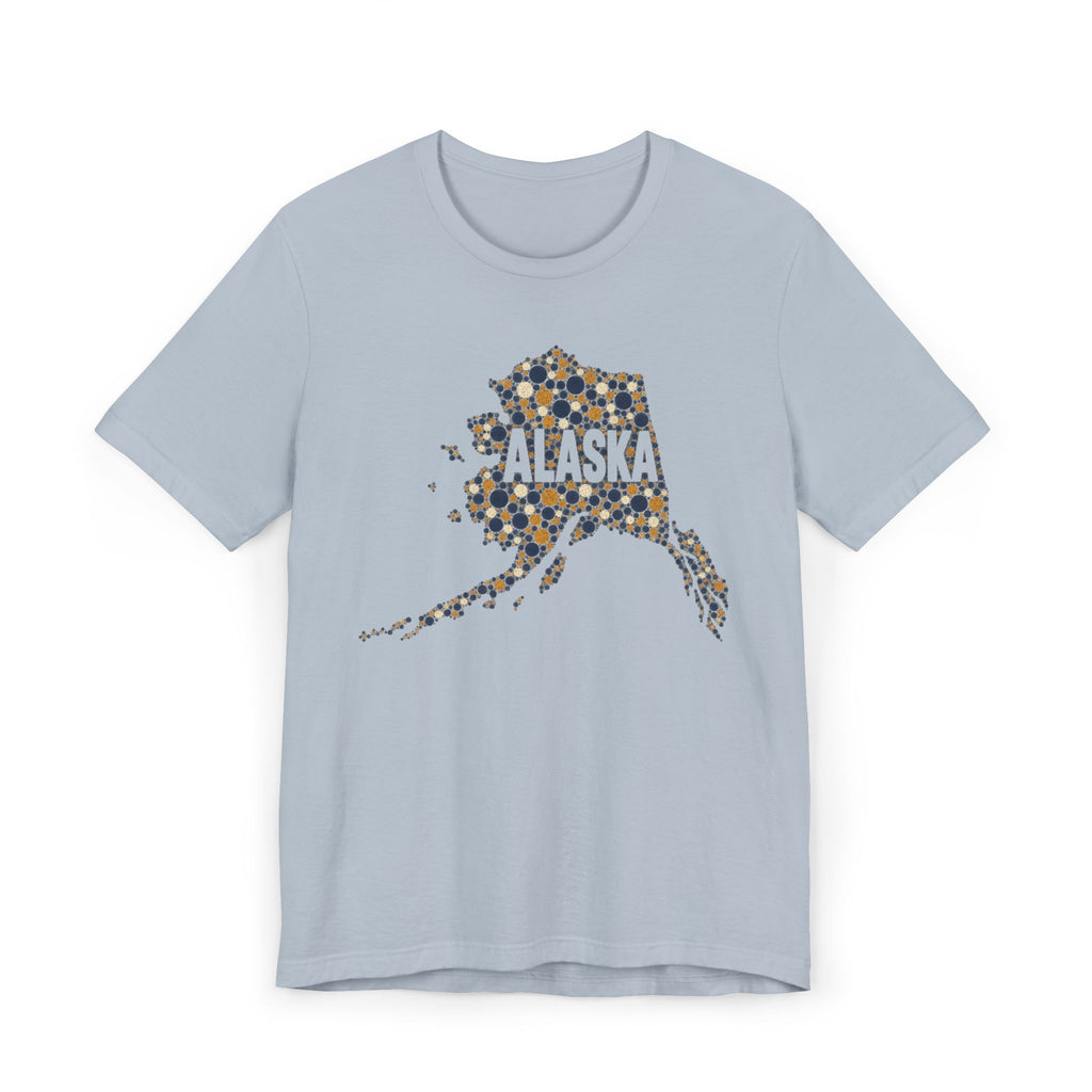 Light blue Alaska state outline graphic T-shirt with dotted map and “Alaska” text