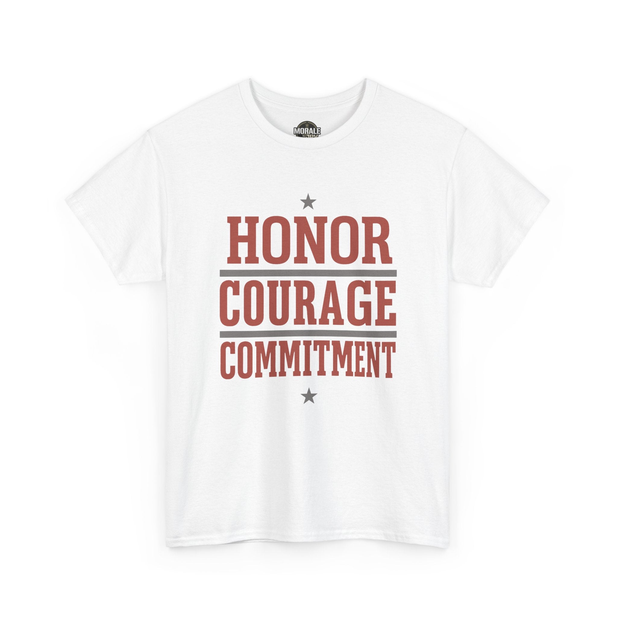 White crew-neck T-shirt with HONOR COURAGE COMMITMENT graphic and stars