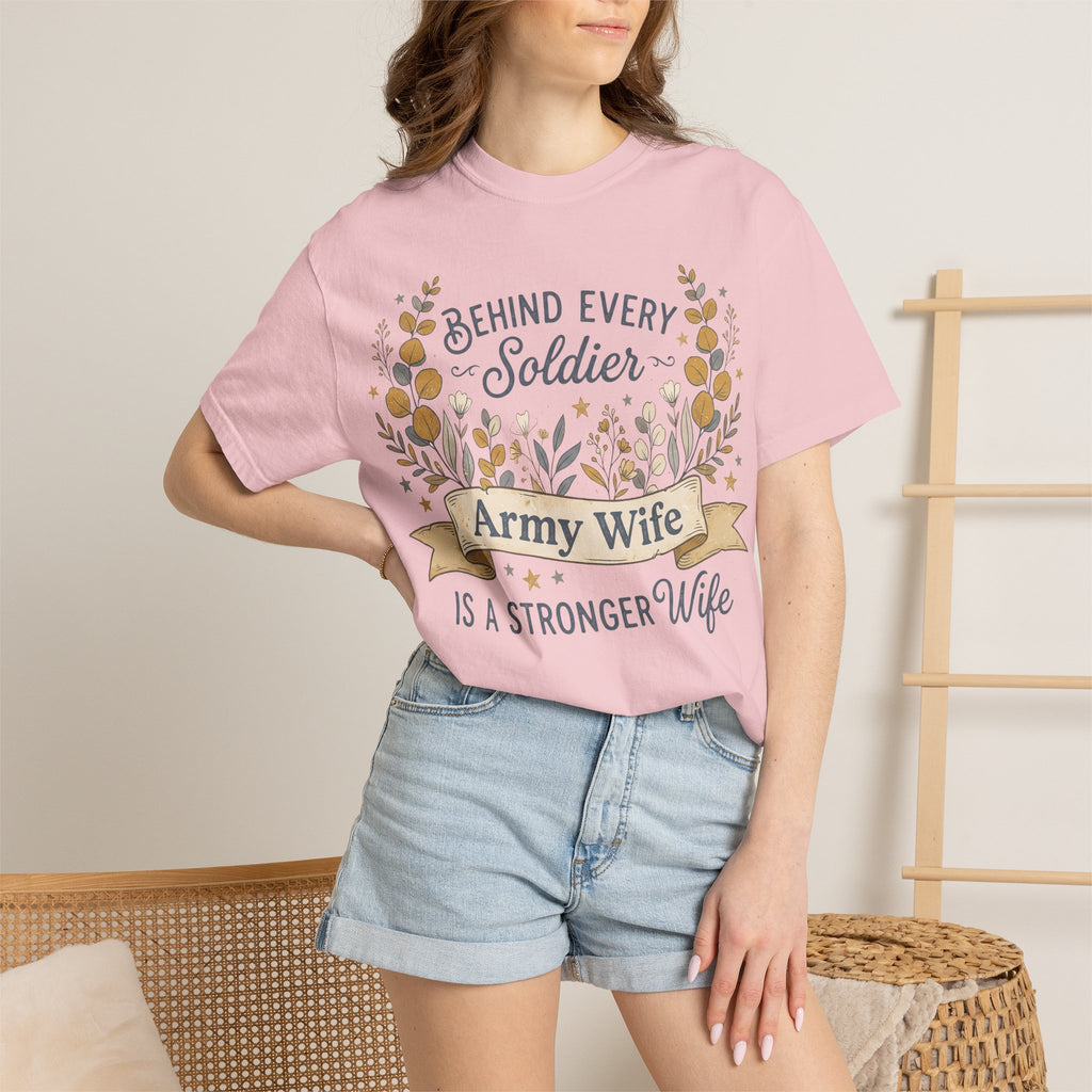 Lavender T-shirt on model, floral “Behind Every Soldier” wreath and “Army Wife”