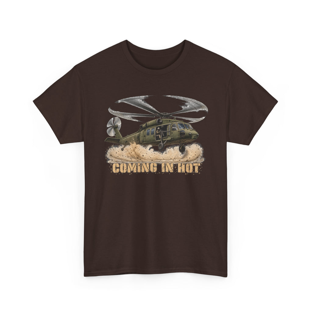Dark brown crewneck T-shirt with helicopter graphic print