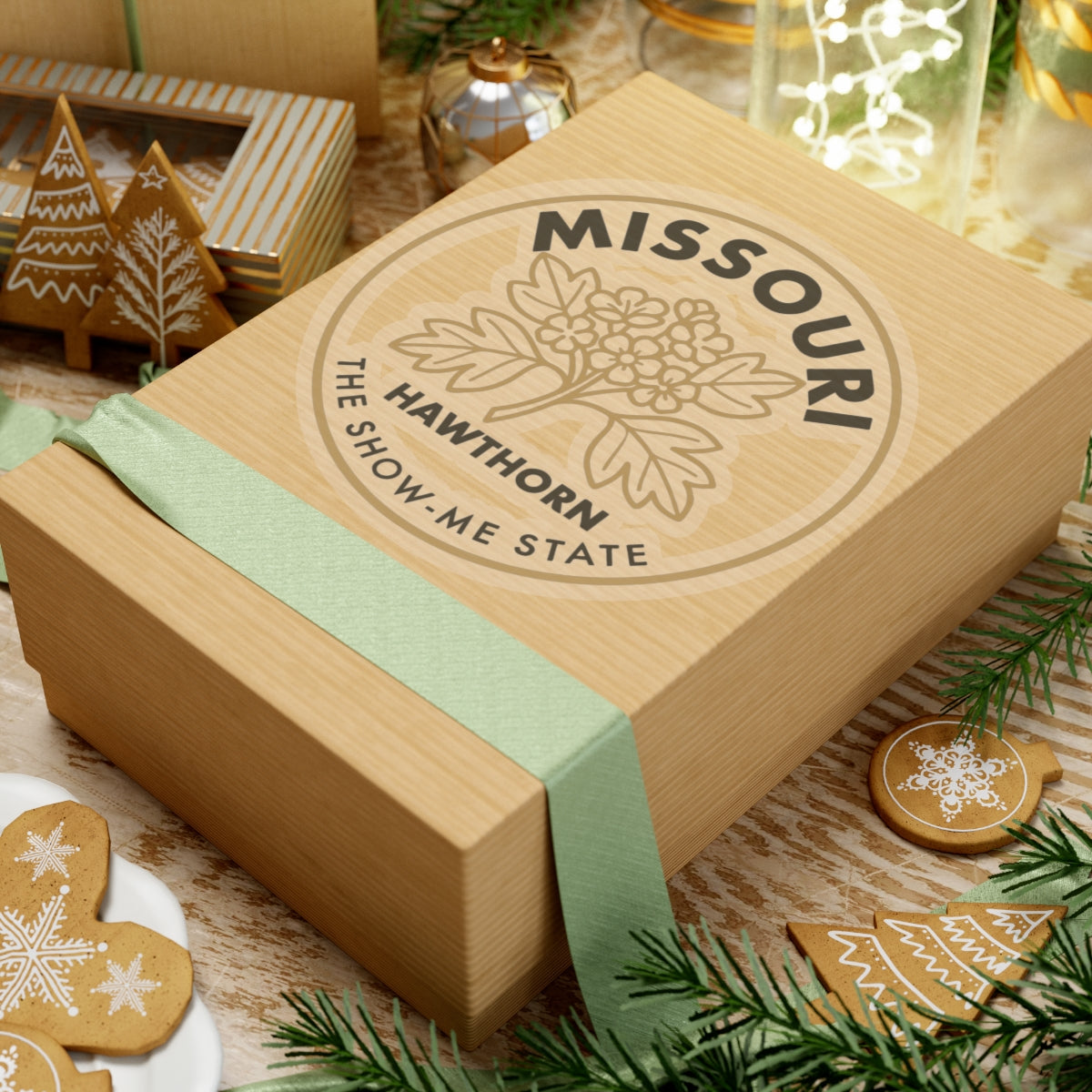 Round transparent vinyl decal with hawthorn branch and 'MISSOURI' on gift box