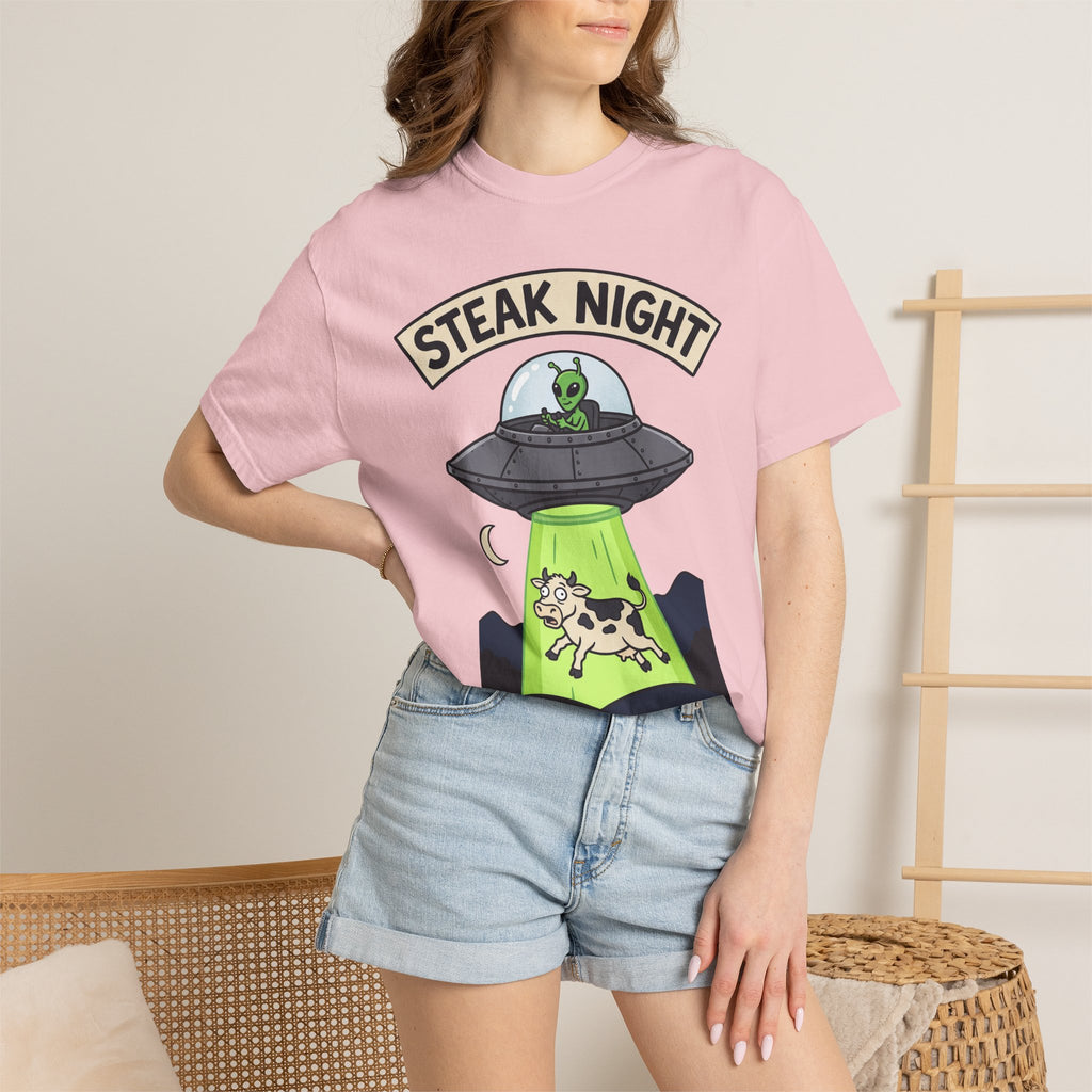 Pink T-shirt with 'Steak Night' UFO and green alien cow graphic
