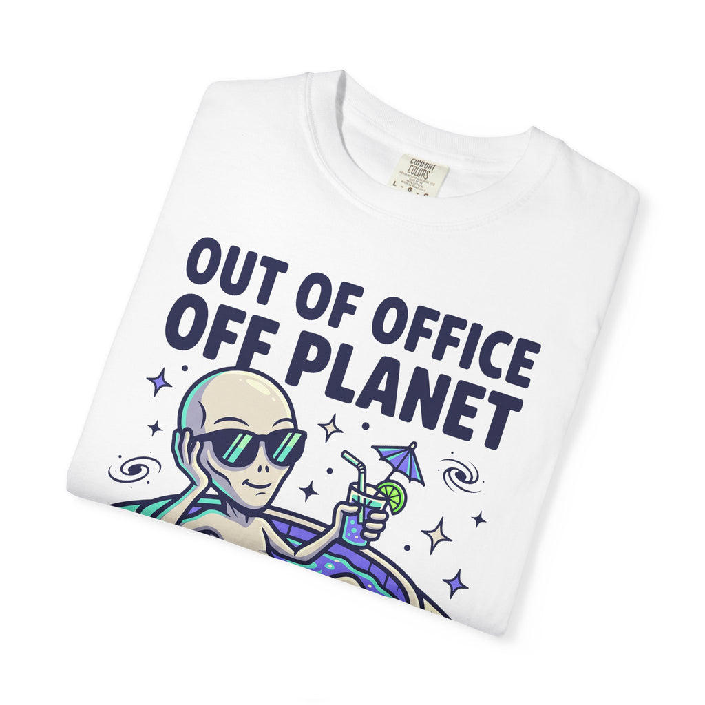 White alien graphic T-shirt with floatie and 'OUT OF OFFICE OFF PLANET' text