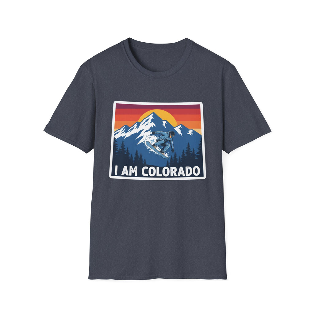 Navy T-shirt with “I AM COLORADO” mountain sunset graphic featuring a wolf and bear