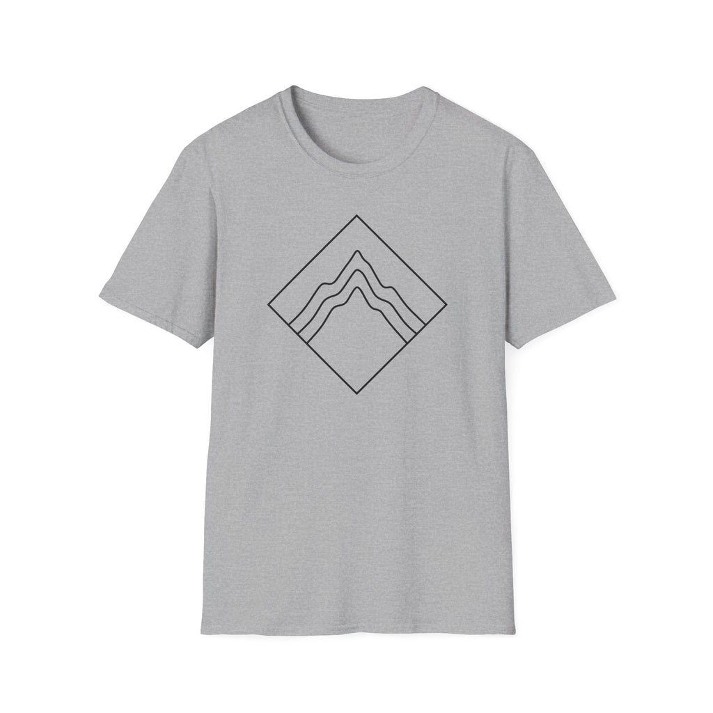 Light gray T-shirt with diamond mountain line-art badge graphic
