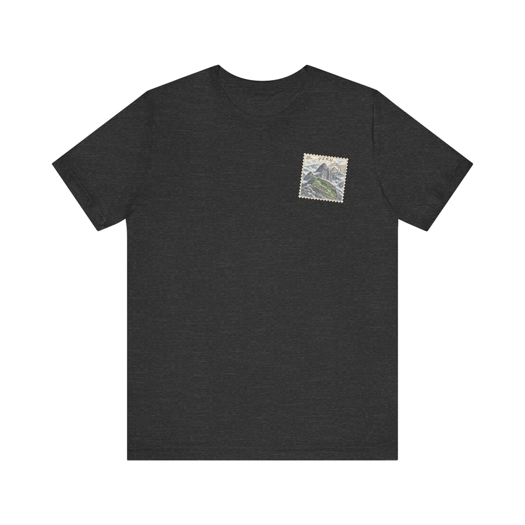 Dark grey heather T-shirt with small square chest patch featuring a landscape illustration
