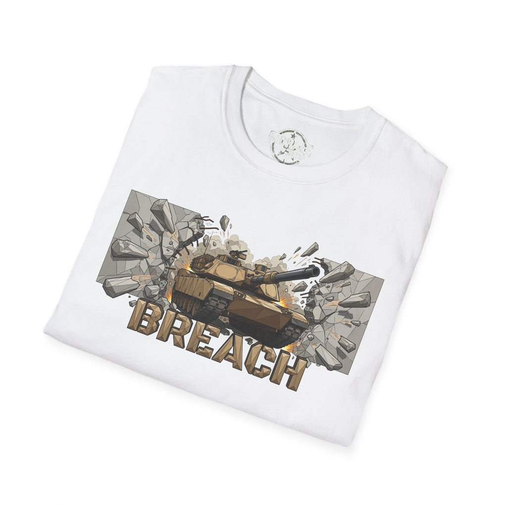 White T-shirt with “BREACH” tank camouflage break design front print