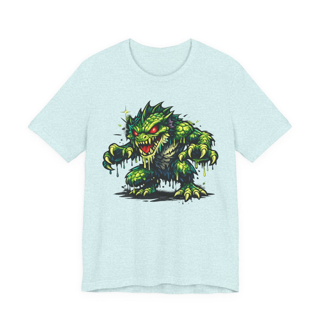 Light blue T-shirt with green swamp monster illustration graphic on front