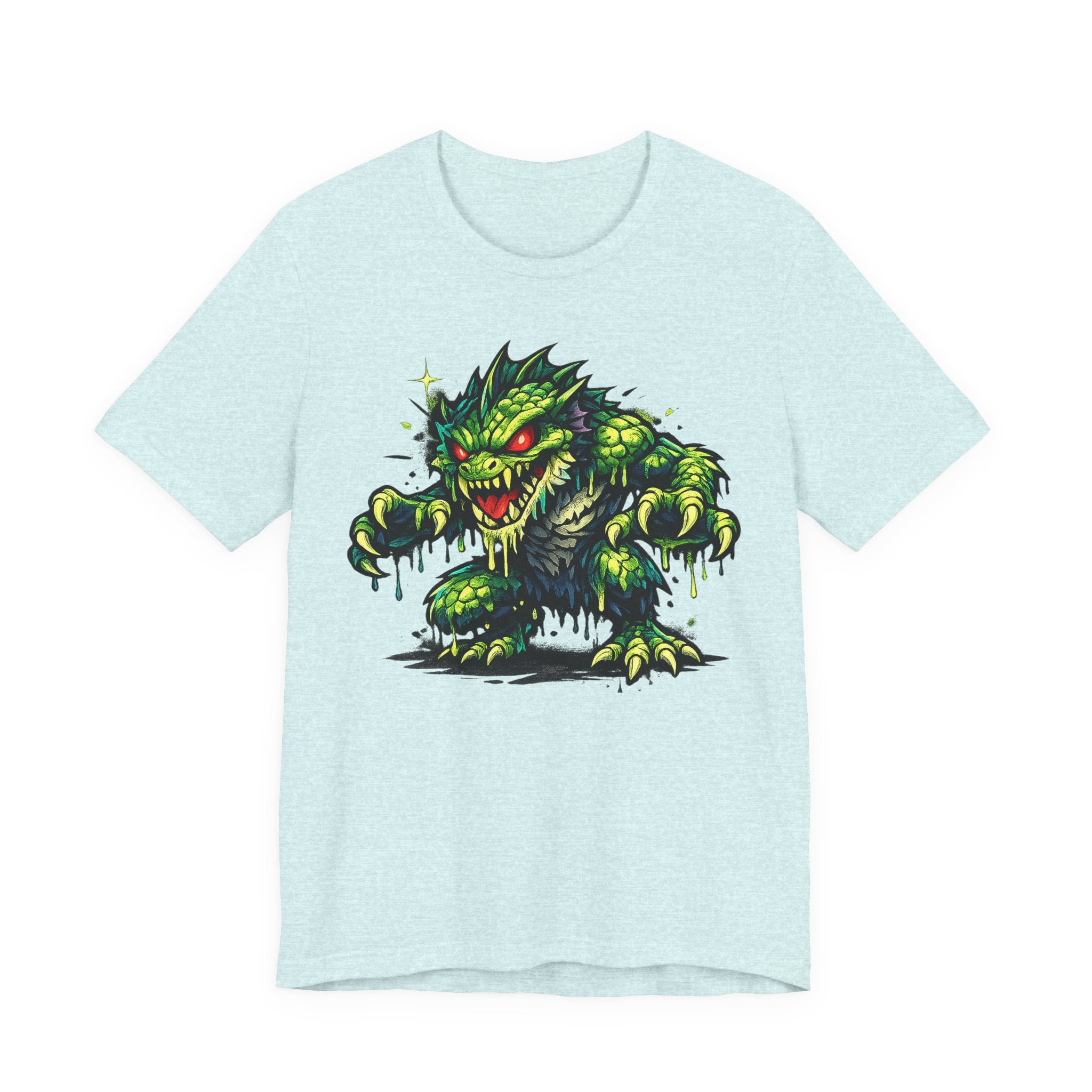 Light blue T-shirt with green swamp monster illustration graphic on front
