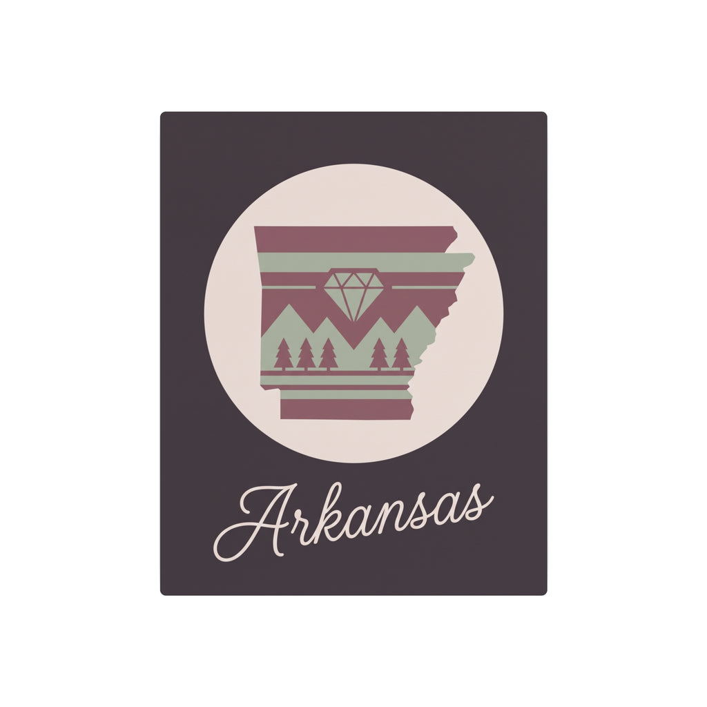 Arkansas state silhouette metal wall art sign, mauve and sage design on dark purple square